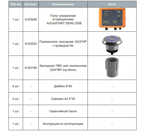 Пульт AQUASTART SENS ACON (220В / 2 кВт / пьезо-кнопка) управления аттракционом