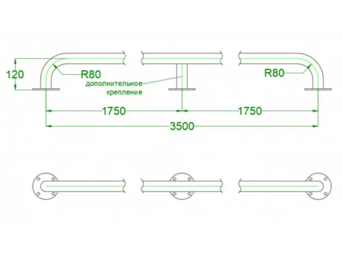 Поручень 3,5 м АТ 11,07M из нержавеющей стали AISI-316 с доп. креплением