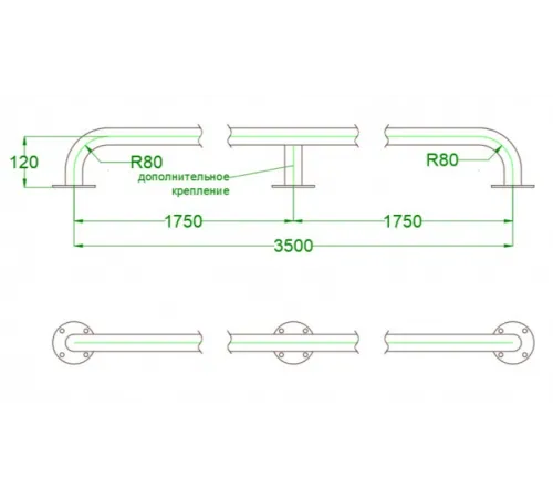 Поручень 3,5 м АТ 11,07 из нержавеющей стали AISI-304 с доп. креплением