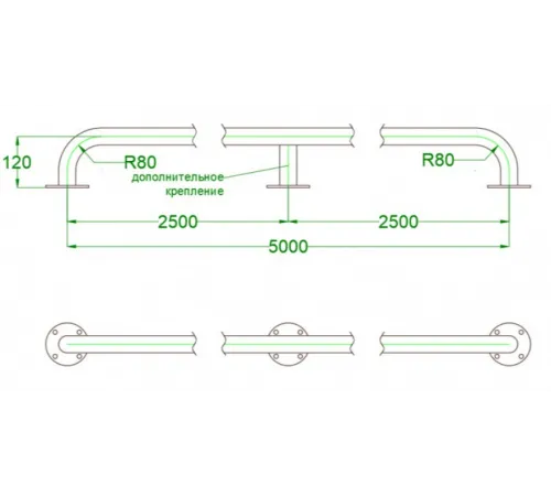 Поручень 5,0 м. АТ 11,16 из нержавеющей стали AISI-304 с дополнительным креплением