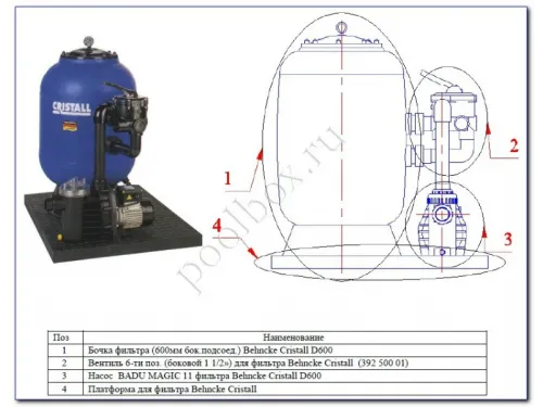 Фильтровальная установка (600 мм, 13 м3/ч, 0,7 кВт) (бок. подсоед.) Behncke Cristall D600