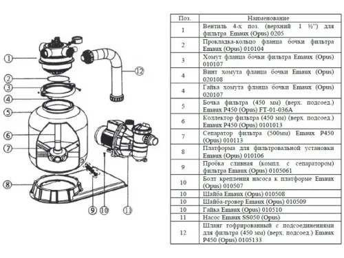 Фильтровальная установка (450 мм., 8 м3/ч, 0,55 кВт) (верх. подсоед.) Emaux FSP450-4W (Opus)