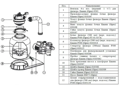 Фильтровальная установка (500 мм., 11 м3/ч, 0,75 кВт) (верх. подсоед.) Emaux FSP500-4W (Opus)