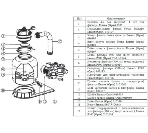 Фильтровальная установка (500 мм., 11 м3/ч, 0,75 кВт) (верх. подсоед.) Emaux FSP500-4W (Opus)