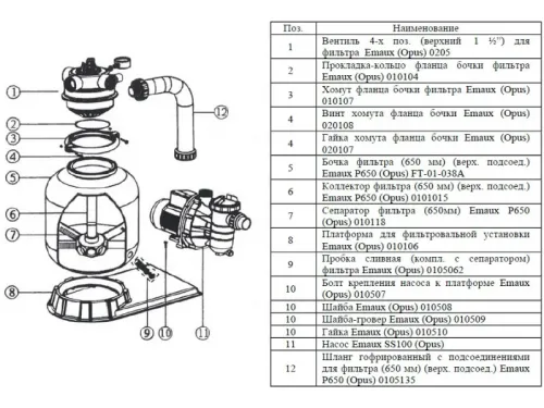 Фильтровальная установка (650 мм., 13 м3/ч, 0,9 кВт) (верх. подсоед.) Emaux FSP650-4W (Opus)