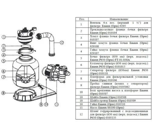 Фильтровальная установка (650 мм., 13 м3/ч, 0,9 кВт) (верх. подсоед.) Emaux FSP650-4W (Opus)