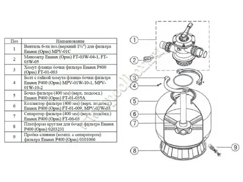 Фильтр (д. 400 мм., 50 мм., 6-8 м3/ч, 45 кг., верх. соед.) Emaux P400 (Opus) 