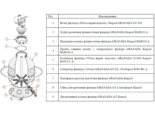Фильтр (д. 600 мм., 1 1/2" ВР, 15-17 м3/ч, 125 кг., верх. соед.) Kripsol GRANADA GT606
