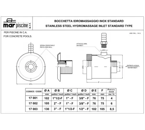 Форсунка гидромассажная, из нерж. стали, (плитка), 4 м.куб./ч, Marpiscine 17001