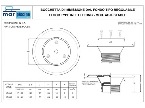Форсунка возврата воды донная (плитка), из нерж стали, Marpiscine 17033