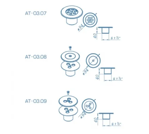 Форсунка возврата воды АТ 03.08 донная (1 1/2"НР) (плитка), из нерж. стали AISI-304, с боковой подачей