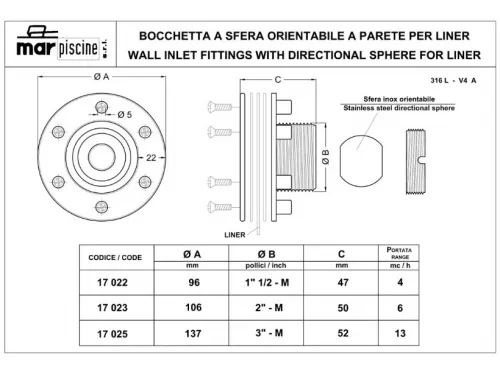 Форсунка возврата воды стеновая (универс.) из нерж. стали Marpiscine 17023, 2"