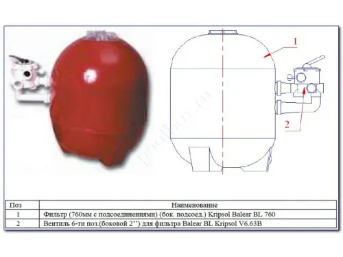 Фильтр (д. 760 мм., 2" ВР, 19-21 м3/ч, 225 кг., бок. соед.) Kripsol Balear BL 760