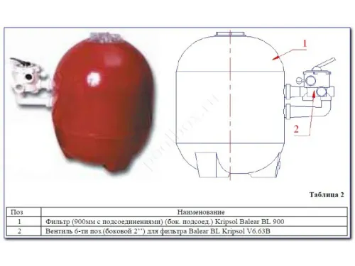 Фильтр (д. 900 мм., 2" ВР, 32-34 м3/ч, 325 кг., бок. соед.) Kripsol Balear BL 900