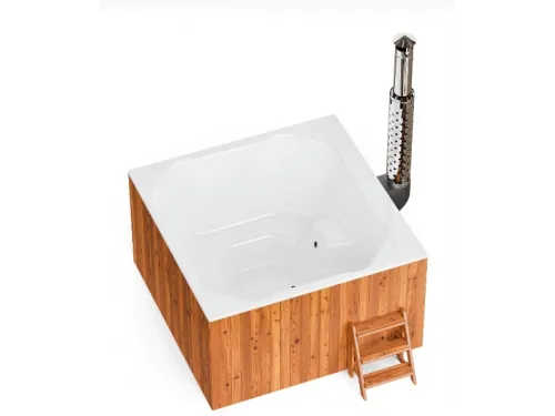 Купель композитная Polar Spa Элит Кваттро 220 с отделкой из дерева и печью, 200*200*110 см.