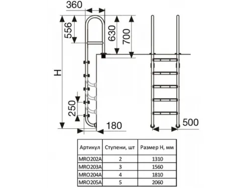 Лестница 2 ст. (у.б.) Pool King MRO202A из нержавеющей стали AISI-304 (с доп. перемычкой)