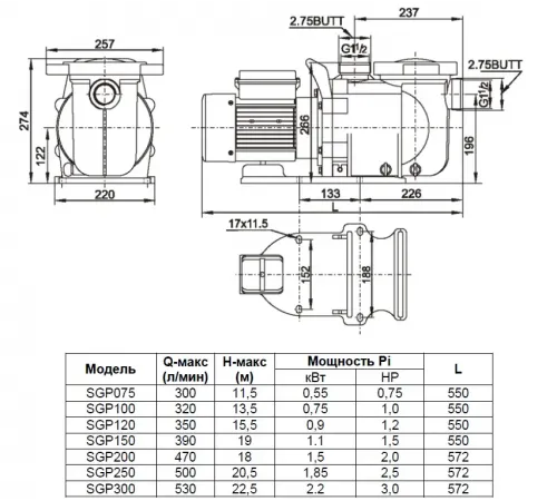 Насос (13.2 м3/ч, 0.75 кВт/ч, 220В) Mayer Schwimmbad SGP100