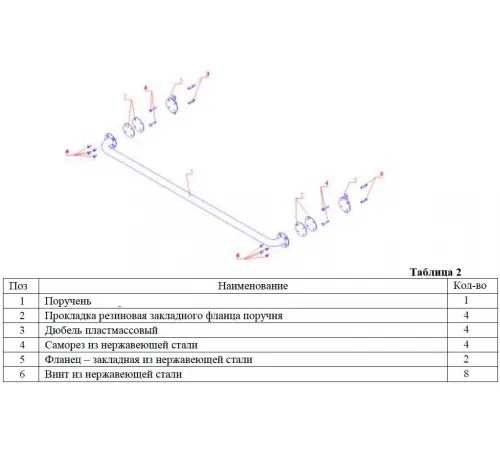 Поручень из нерж. стали 1,5 м. MP15 AISI-304 (с закладными)