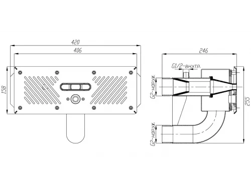 Противоток ПТУ.50.1 узкий (50 м.куб./час) с пьезо-кнопкой (универс.) из нерж. стал AISI-304 (закладная)