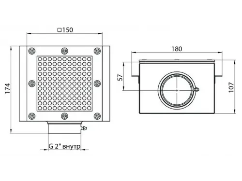 Слив донный (универс.) квадратный 150х150 - 2"В M.SD.KV, из нерж. стали