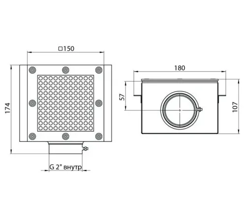 Слив донный (универс.) квадратный 150х150 - 2"В M.SD.KV, из нерж. стали