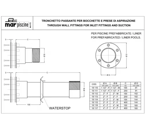 Труба проходная (универс.), нерж. сталь, Marpiscine 18111, 1 1/2"