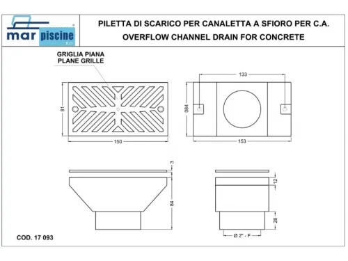 Выпуск Marpiscine 17094 (универс.) из переливного лотка, нерж. сталь AISI-316
