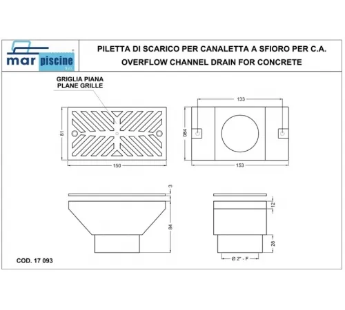 Выпуск Marpiscine 17094 (универс.) из переливного лотка, нерж. сталь AISI-316