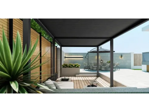 Пергола Aquaviva Модерн с креп. к стене (ламели с электропривод.)  3X3м RAL 9016 (Белая)