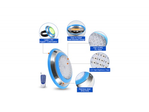 Прожектор накладной из нерж. стали рамка синяя (18Вт/12В) LED RGB с пультом Tadpole JKD-YC230-SP