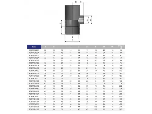 Тройник клеевой 90° редукционный EFFAST d200x110 мм (RDRTRD200L)