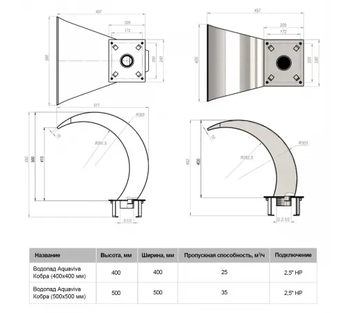 Водопад Aquaviva Кобра, AISI 304, (500x500 мм)