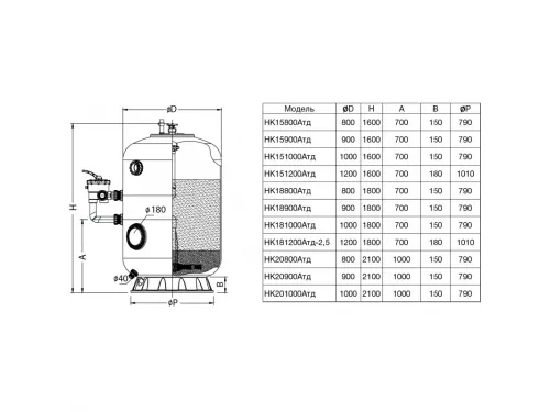 Фильтр Pool King HK18900Aтд Д. 900мм,30м³/ч,выс.1м;доп.опции, бок. подкл. 2", без вентиля