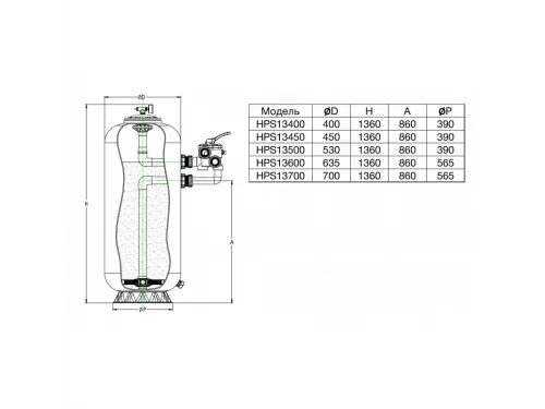 Фильтр Pool King НРS13400 d.400мм, 3.9м³/ч, выс.0,8м, бок. подкл. 1½", без вентиля