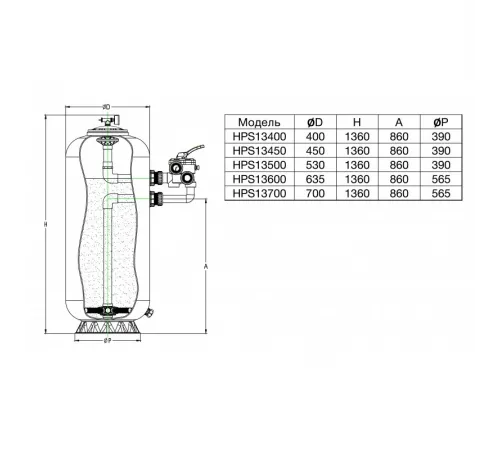 Фильтр Pool King HPS13450 d.450мм.,5,6м³/ч, выс загр. 0,8м, бок.подкл. 1½", без вентиля